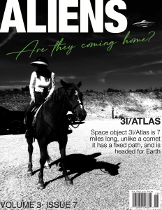 Woman riding horse with UFO in the sky