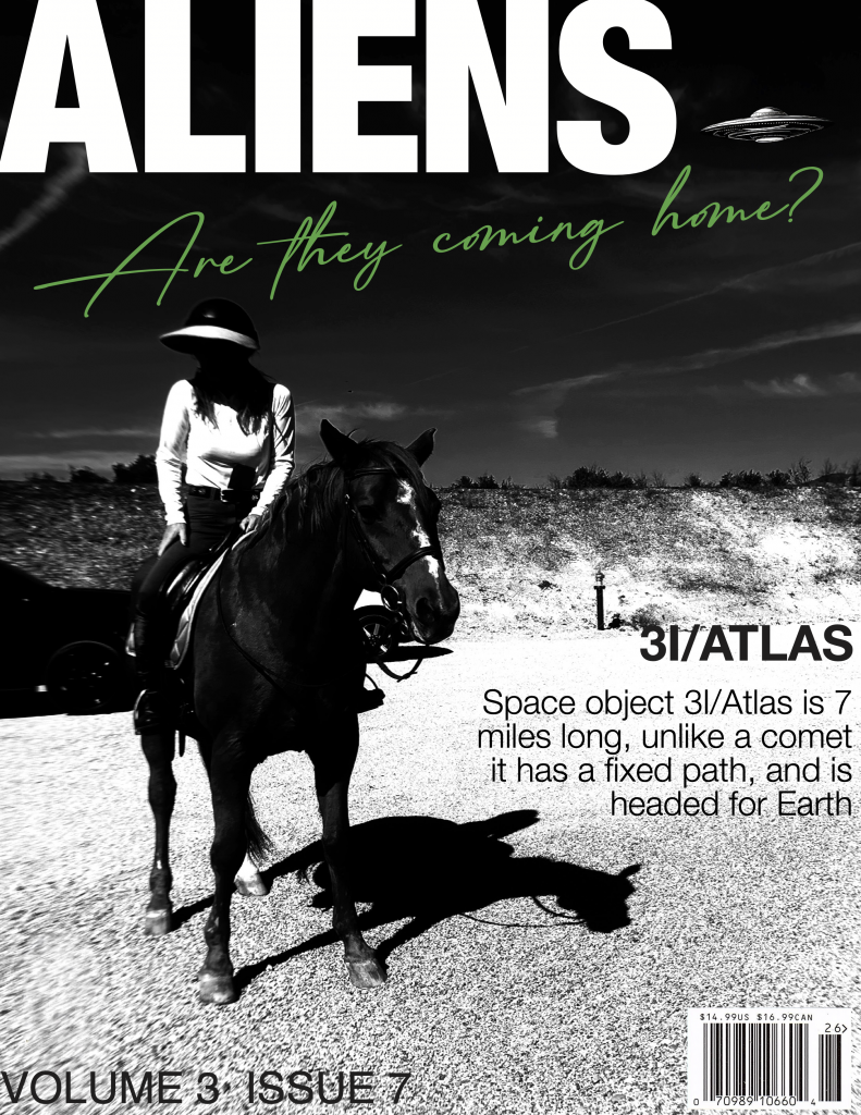 Woman riding horse with UFO in the sky